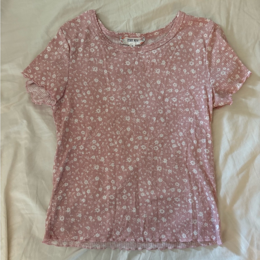 Pink Rose Ribbed Floral Tee